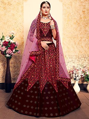 Satin Panelled Lehenga Choli with Swarovski Work, Multicolor Floral Thread Embroidered in Chevron Pattern