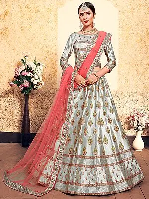 Satin Panelled Lehenga Choli with Butta Embroidered Swarovski, Stone Work and Soft Net Dupatta