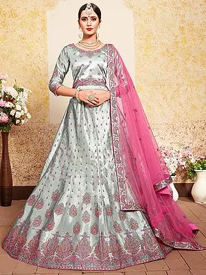 Grey Satin Panelled Lehenga Choli with Thread, Stone Work Skat Butta and Pink Soft Net Dupatta
