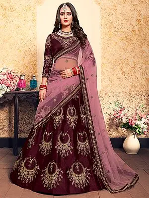 Satin Lehenga Choli with Chandbali Shaped Resham, Zari Embroidery and Soft Net Dupatta