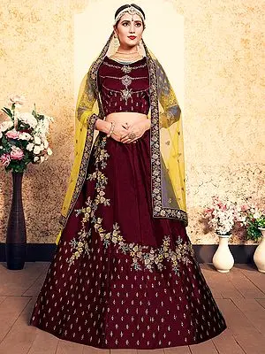 Maroon Satin Lehenga Choli with Rose Bail Resham-Swarovski Work and Yellow Soft Net Dupatta
