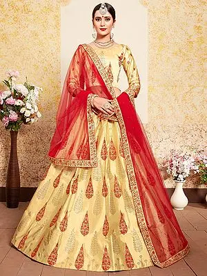 Satin Lehenga Choli with Kali Embroidered Resham, Swarovski Work and Soft Net Dupatta