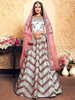 Satin Lehenga Choli with Chevron Pattern Thread, Swarovski, Stone Embroidery and Soft Net Dupatta