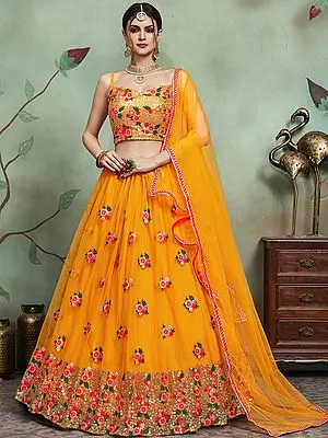 Soft Net Lehenga Choli with All over Embroidered Flower and Sequins with Beautiful Dupatta
