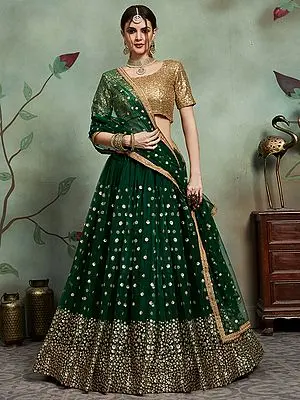 Net Lehenga with Embellished Sequins Work with Golden Shimmer Choli and Dupatta