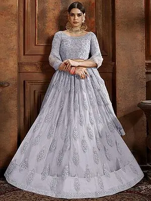Soft Net Kali Embroidered Lehenga and Half Sleeve Bail Butta Choli with Thread, Zarkan, Pearl Work