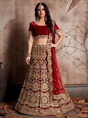 Velvet Silk Bridal Lehenga Choli With Embellished Mirror Work with Scalloped Dupatta