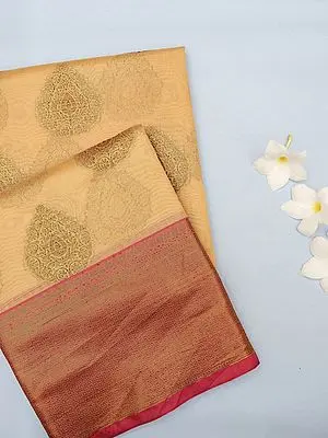 Banarasi Cotton Silk Saree with Brocaded Floral Crest Drop Zari Motif and Contrast Broad Border