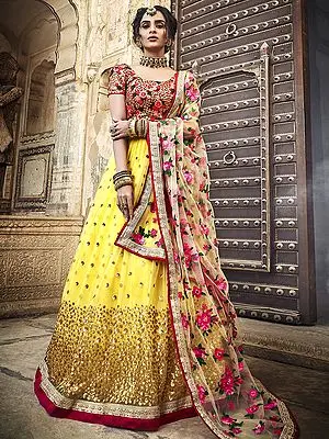 Yellow Soft Net Chakra Sequin Motif Lehenga with Thread, Zari Work and Floral Embroidered Red Choli