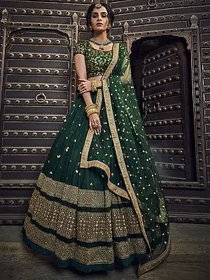Sea-Green Soft Net Lehenga and Art Silk Choli with All-Over Snowflake Pattern Sequins, Zari Embroidery