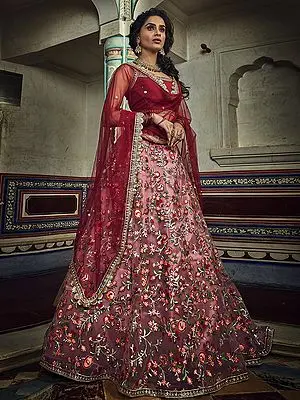 Peach Soft Net Floral Bail Butta Lehenga and Art Silk Red Choli