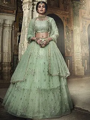 Sea-Green Soft Net Lehenga and Art Silk Choli with All-Over Snowflake Pattern Sequins, Zari Embroidery