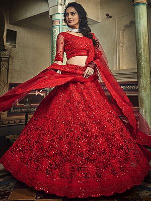 Red Soft Net Bridal Floral Bail Butta Lehenga Choli with Zarkan, Sequins Work