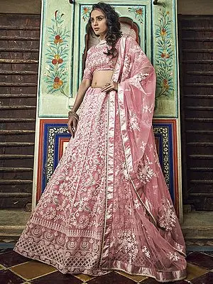Soft Net Fabric Lehenga Choli with Paisley-Floral Vine Motif Thread, Pearl Work and Satin Border Detail on Dupatta