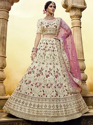 Beige Georgette Meena Floral Butta Ruffle Lehenga Choli with Gota, Zarkan, Dori Work and Pink Soft Net Dupatta