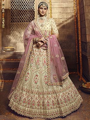 Cream Organza Mughal Meena Motif Lehenga Choli With Thread, Stone Work And Pink Soft Net Dupatta
