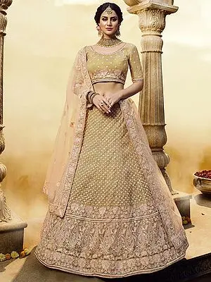 Dried-Moss Soft Net Gota Silk Lehenga Choli with Scalloped-Mango Pattern Pearl, Aari Work and Soft Net Dupatta