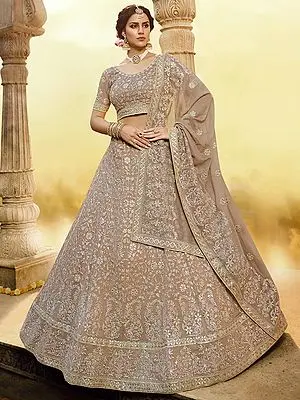 Tan-Brown Georgette Lehenga Choli with Bail Butta Gota, Thread, Zarkan Work and Designer Dupatta