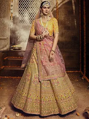 Mustard Organza Mughal Meena Motif Lehenga Choli with Thread, Zari, Stone Work and Soft Net Pink Dupatta