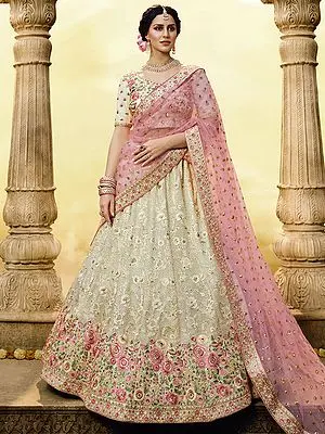 Cream Georgette Floral Butta Lehenga Choli with Swarovski, Thread, Sequin Embroidery and Soft Net Pink Dupatta