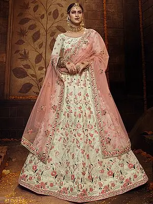 Off-White Georgette Lehenga Choli with Gota, Thread, Dori Zarkan Work Floral Meena Motif and Peach Soft Net Dupatta