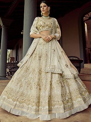 Antique-White Georgette Ruffle Lehenga Choli With Floral Sequins, Zari Work And Scalloped Soft Net Dupatta