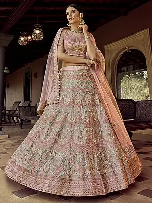 Peach Georgette Meena Kalga Butta Lehenga Choli with Sequins, Resham Work and Soft Net Dupatta