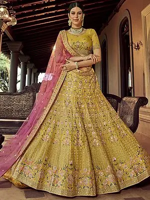Mustard Organza Trumpet Lehenga Choli with Embellished Floral Resham Work and Pink Soft Net Dupatta