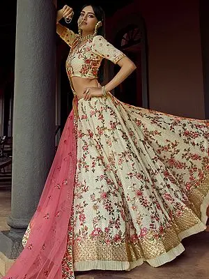 Off-White Georgette Ruffle Lehenga Choli With Meena Floral Motif Swarovski, Sequins Work And Soft Net Dupatta