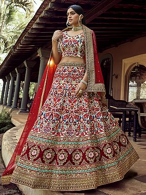 Off-White Art Silk Panelled A-Line Lehenga Choli With Multicolor Floral Jaal Sequins, Resham, Dori Work And Red Dupatta