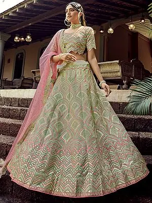 Seafoam-Green Organza Shell Pattern Lehenga Choli with Gota, Resham Work and Contrast Soft Net Dupatta
