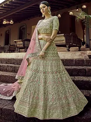 Fair-Green Georgette Lehenga Choli with Pink Floral Pink Resham, Gota Work, And Pink Soft Net Dupatta