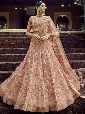 Peach Georgette Ruffle Lehenga Choli with Sequins-Resham Embroidery
