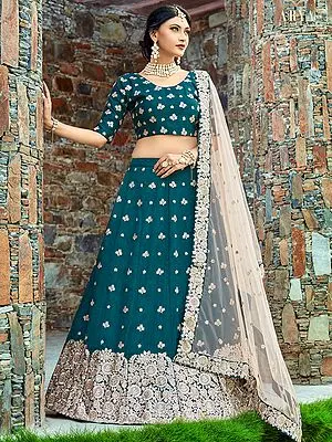 Dark-green art Silk Lehenga with Zari, Dori Floral Motif, And Round Neck Choli