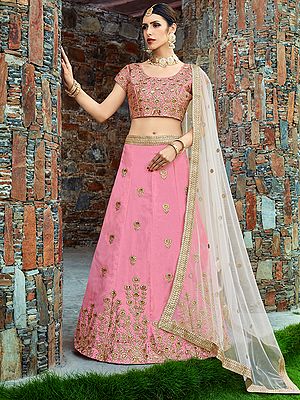 Baby Pink Choli In Art Silk With Pearl Golden Embroidery With Lehenga And Beige Embroidered Net Dupatta
