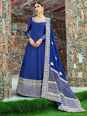 Navy-Blue Art Silk Zari Anarkali with Dori Embroidery and Heavy Detailed Work Georgette Dupatta