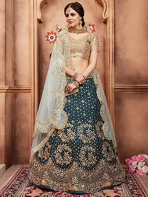 Teal Art Silk Zari Golden Sequins Work Lehenga with Round Neck Choli and Dori Scalloped Dupatta