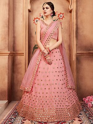 Rose-Pink Lehenga Choli With All Over Golden Thread Real Mirror Embroidery And Designer Dupatta