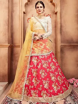 Paradise-Pink Art Silk Zari Floral Motif Lehenga with Dori, Sequins with White Round Neck Choli and Dupatta