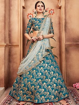 Turquoise-Blue Art Silk Lehenga Choli with All Over Gold Zari Work and Sheer Dupatta