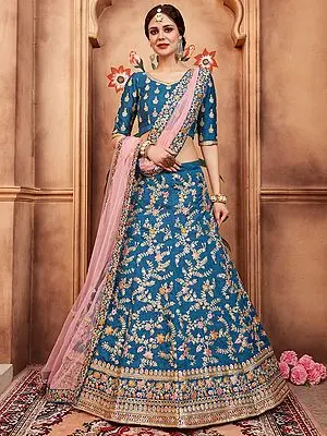 French-Blue Art Silk All Over Gold Zari Work Lehenga with Choli and Pink Sheer Dupatta
