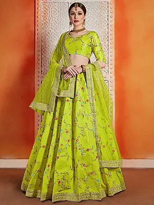 Neon Green Art Silk Lehenga Choli with All Over Multicolour Zari Work and Sheer Dupatta