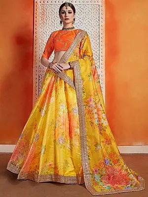 Orange-Yellow Printed Art Silk Lehenga and Zari Embroidery Choli with Designer Dupatta