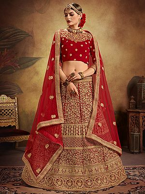 Rococco-Red Velvet Bridal Lehenga Choli with Zari Embroidered Floral Motif and Net Dupatta