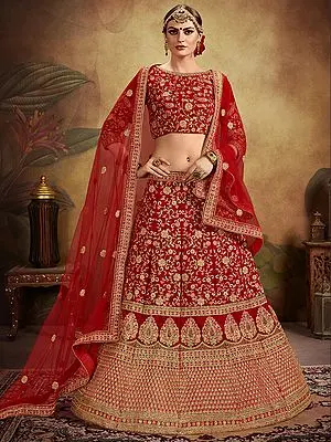 Garnet-Red Velvet Lehenga Choli with All Over Zari Floral Motif with Designer Dupatta