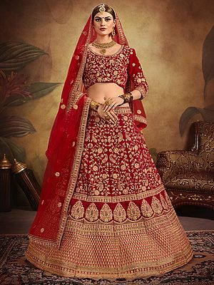 Bittersweet-Red Velvet Bridal Lehenga Choli with All over Thread Embroidery and Net Dupatta