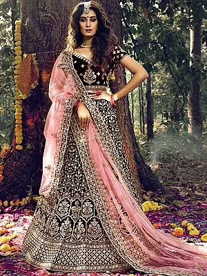 Ruby-Wine Pure Velvet Lehenga Choli with Mughal Motif  Stone Dori Work and Pink Sheer Dupatta