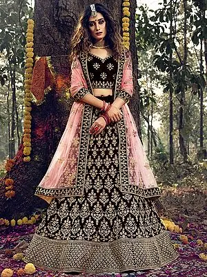 Tibetan-Red Pure Velvet Lehenga Choli with All over Polki work and Designer Dupatta