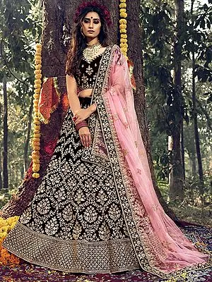 Burgundy Pure Velvet Lehenga Choli All over Heavy Dori Embroidery with Stonework and Net Dupatta
