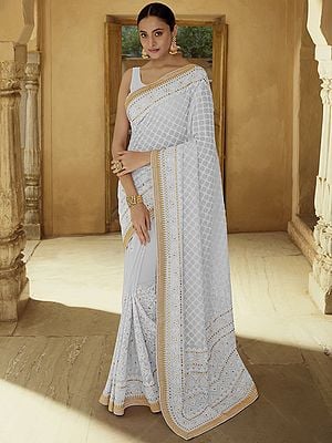 Georgette Designer Chikankari Saree With Jaal Pattern And Thread, Dori, Gota Embroidery